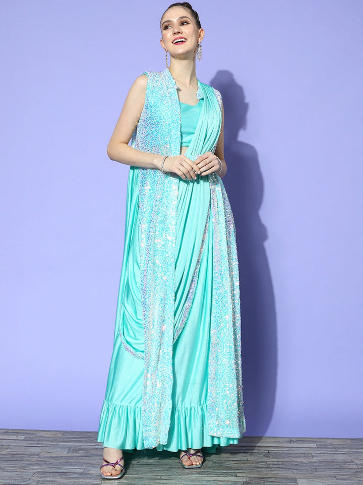 Draped Turquoise Lycra Sequence Ruffled Saree & Embellished Jacket