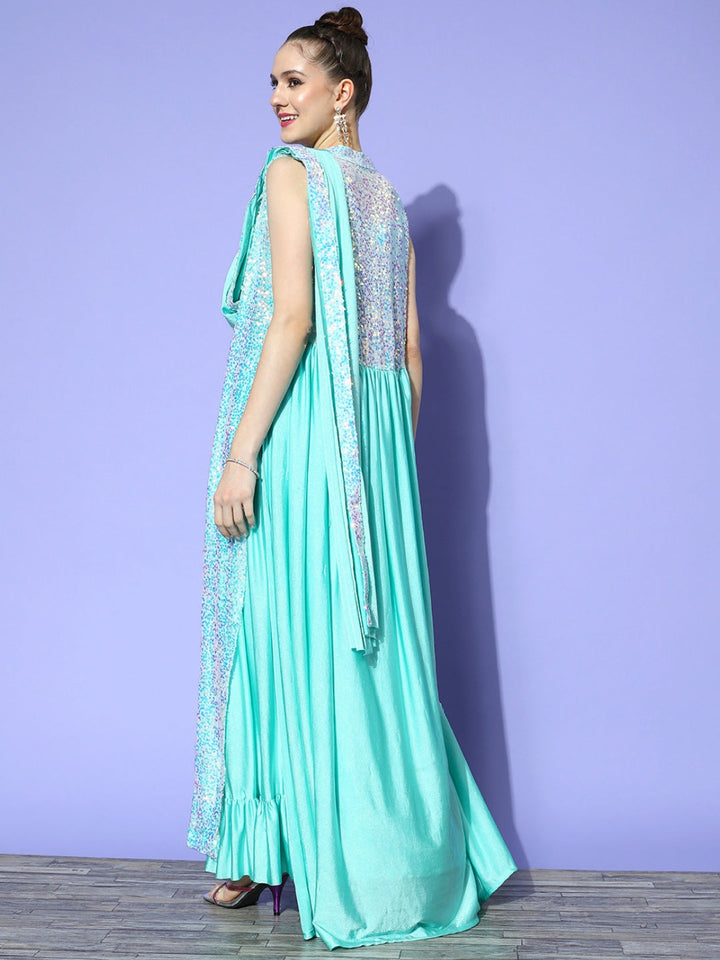 Draped Turquoise Lycra Sequence Ruffled Saree & Embellished Jacket