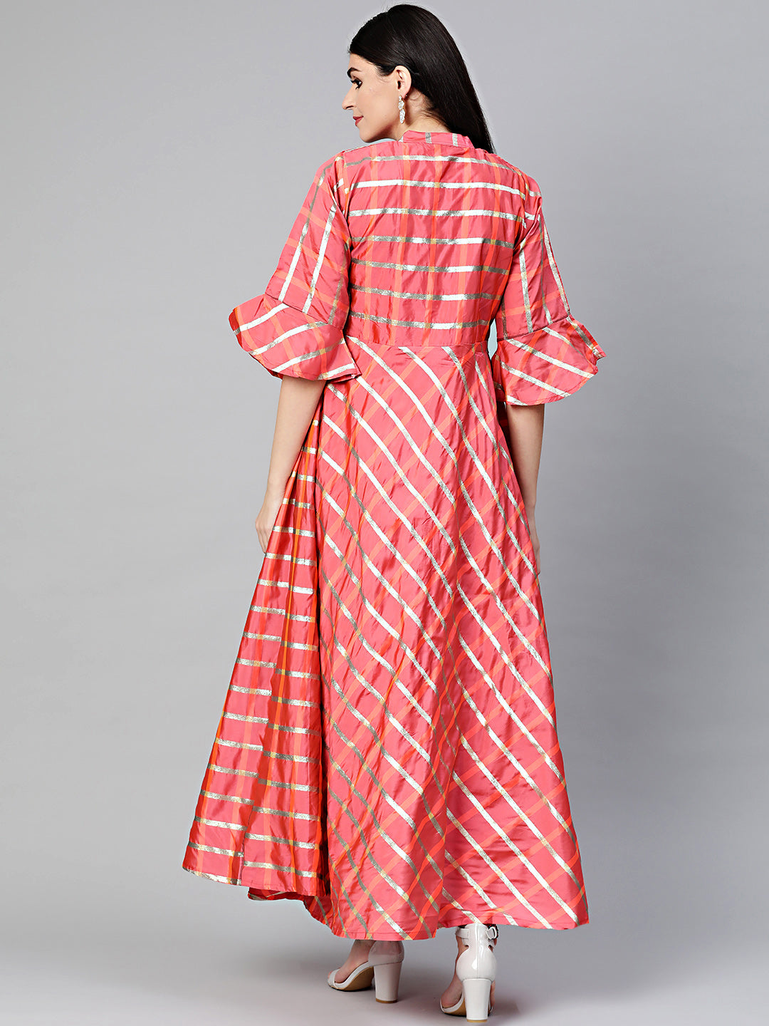 Anarkali Dress with Gota Checked Weaving and Bell Sleeves