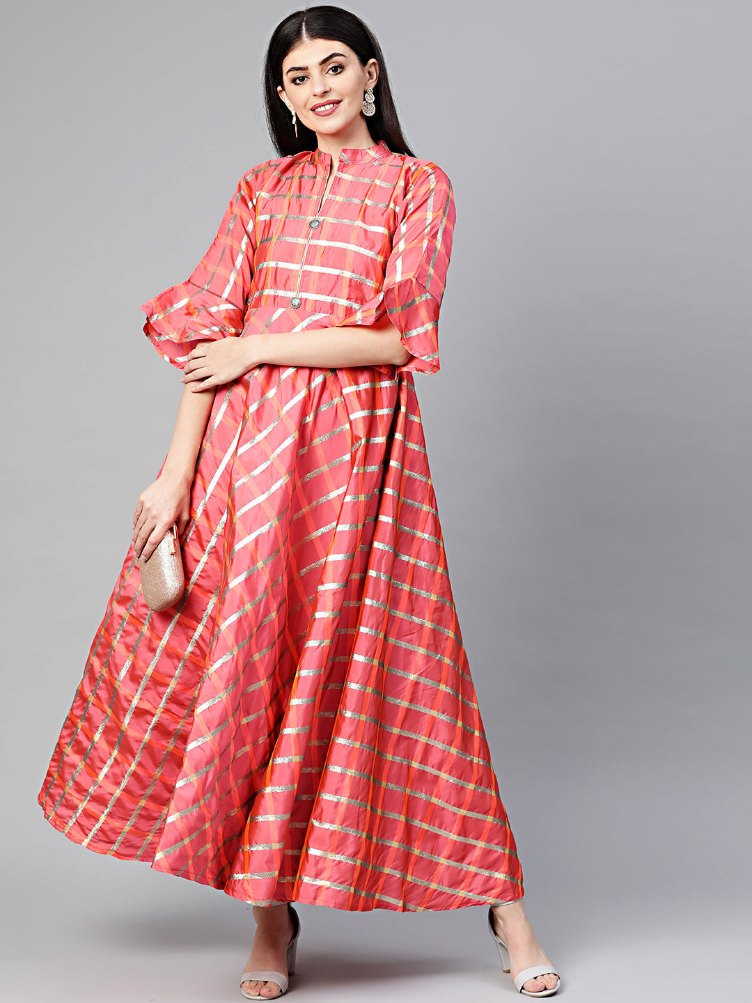 Anarkali Dress with Gota Checked Weaving and Bell Sleeves