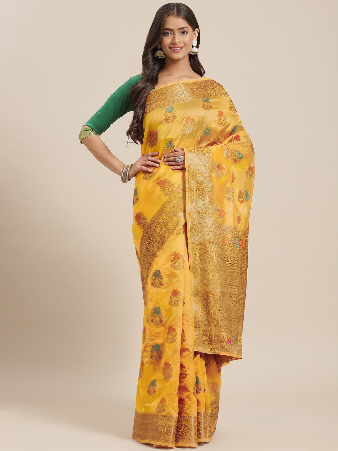 Yellow Chanderi Brocade Traditional Saree with Meenakari Floral Motifs