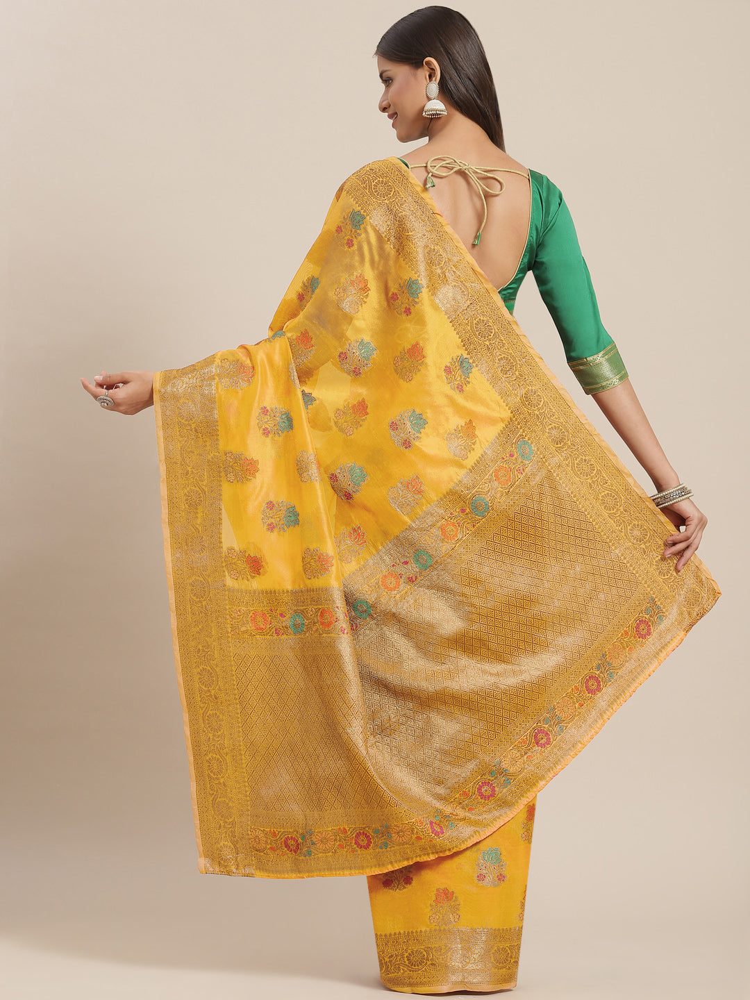 Yellow Chanderi Brocade Traditional Saree with Meenakari Floral Motifs