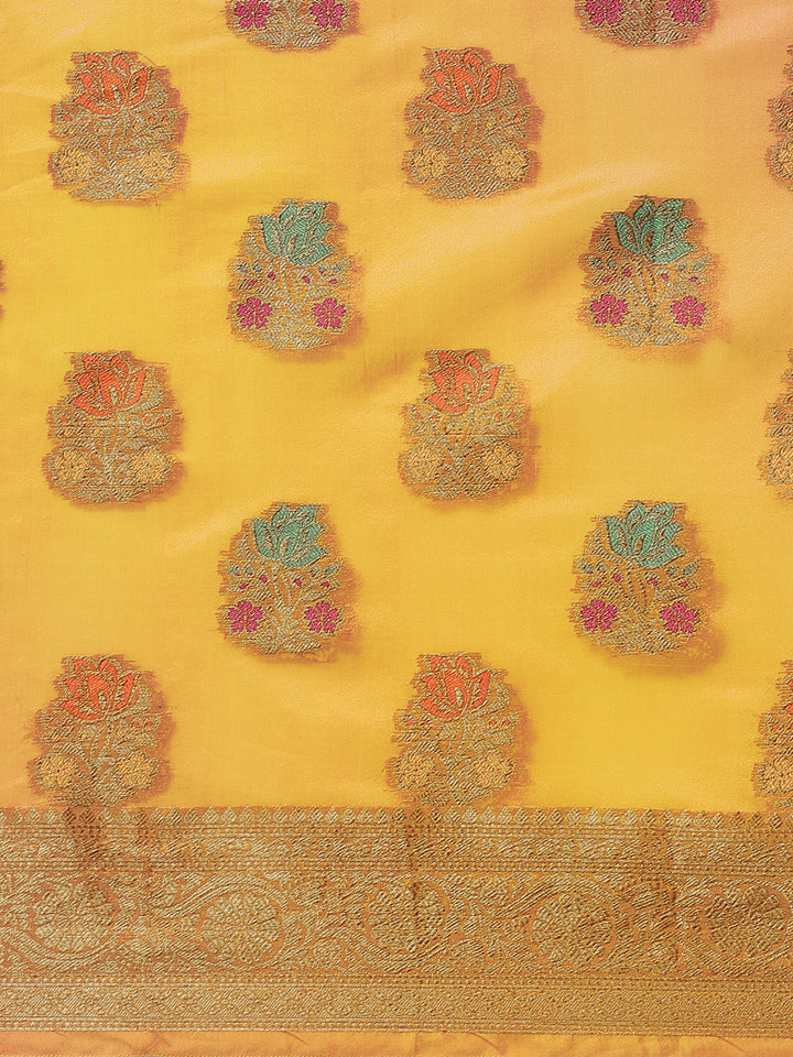 Yellow Chanderi Brocade Traditional Saree with Meenakari Floral Motifs