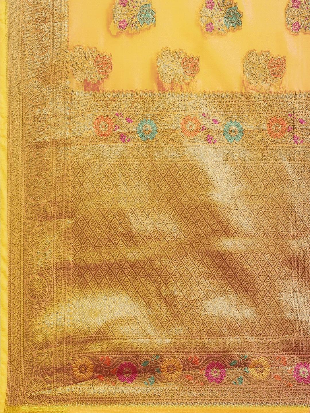 Yellow Chanderi Brocade Traditional Saree with Meenakari Floral Motifs