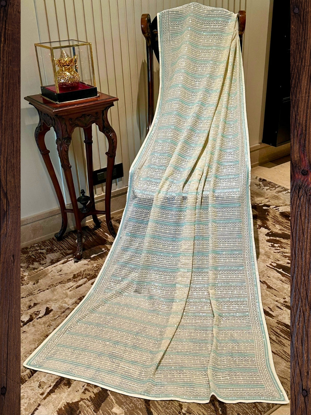 White and Blue Striped Organza Saree