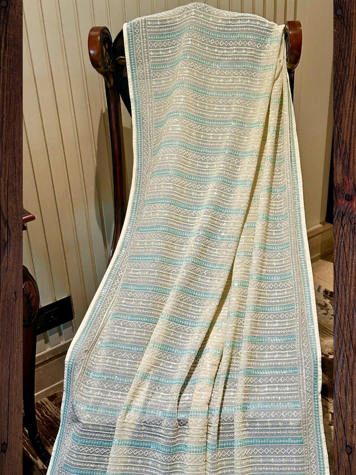 White and Blue Striped Organza Saree