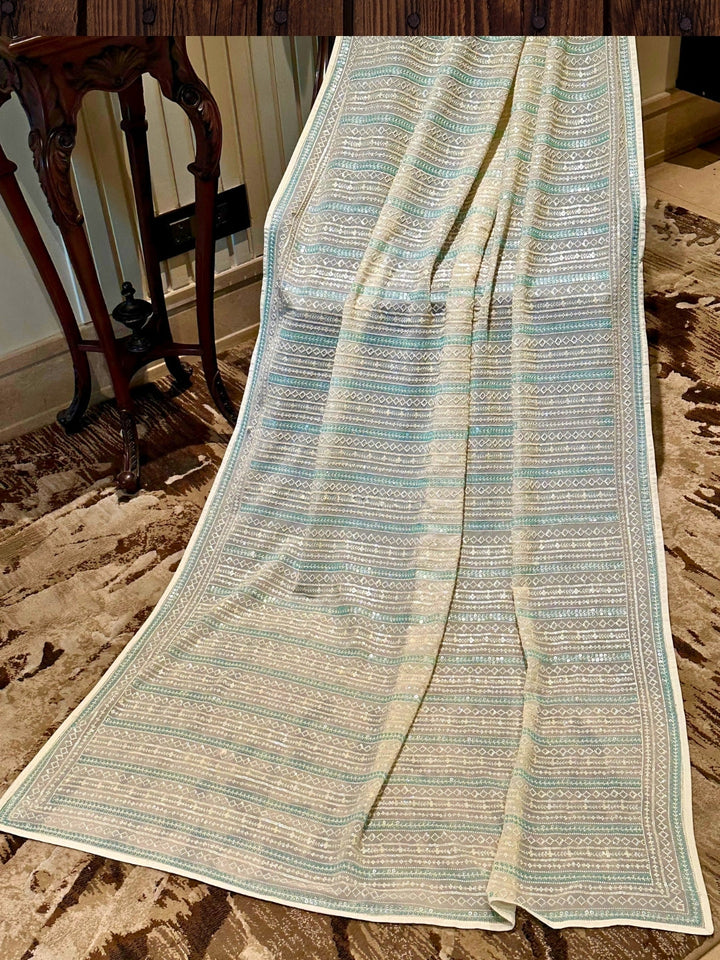 White and Blue Striped Organza Saree