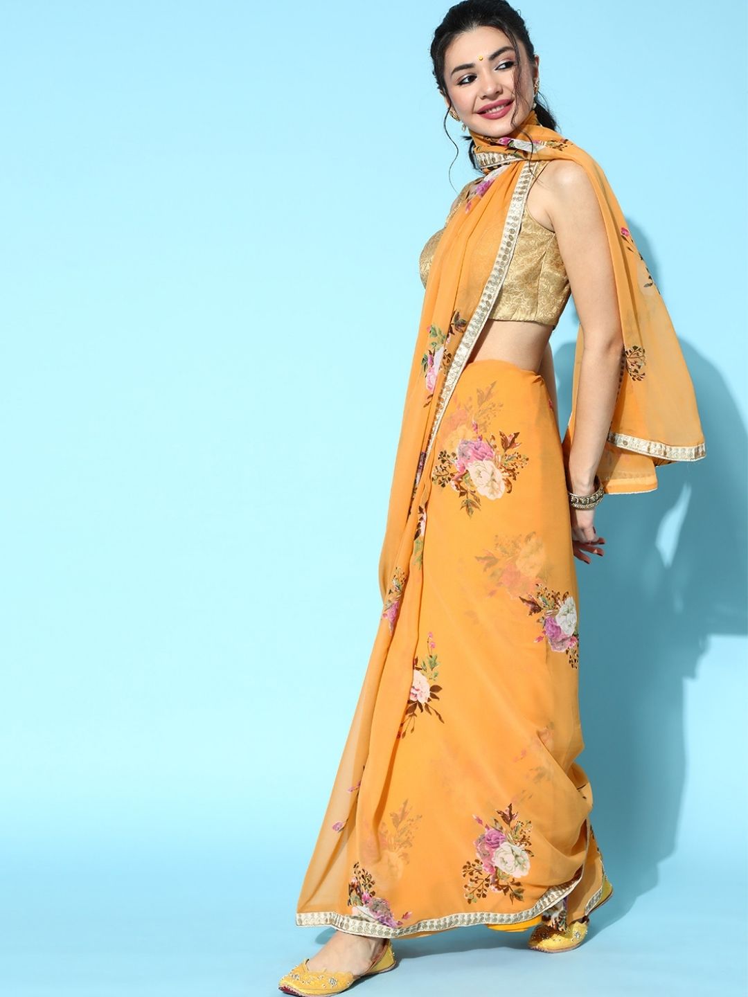 Yellow Floral Print Saree with Sequin & Pearl studded belt