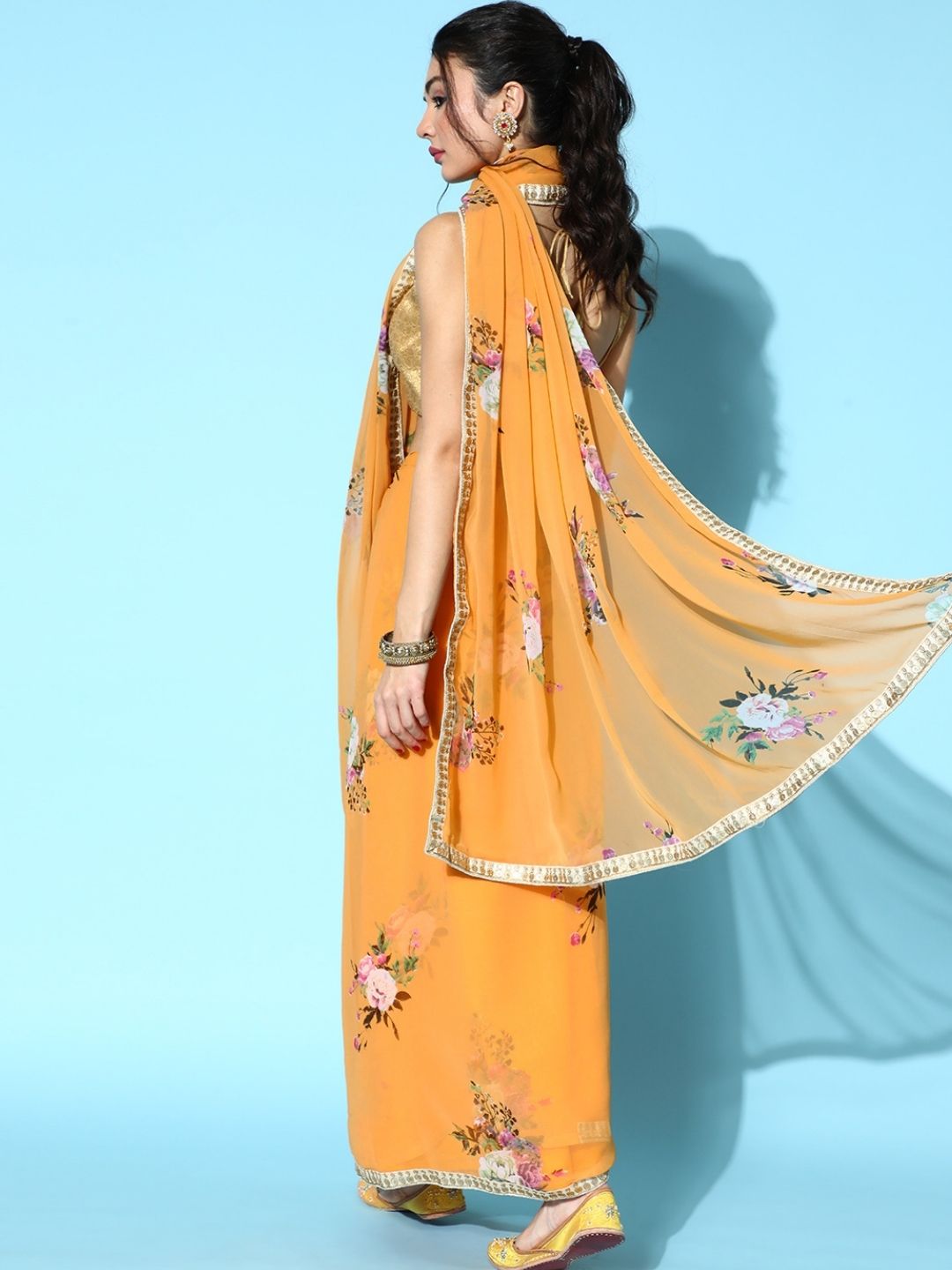 Yellow Floral Print Saree with Sequin & Pearl studded belt