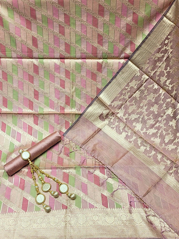 Meeanakari Weaving Banarasi Handloom Dress Material with Checked Leheriya pattern