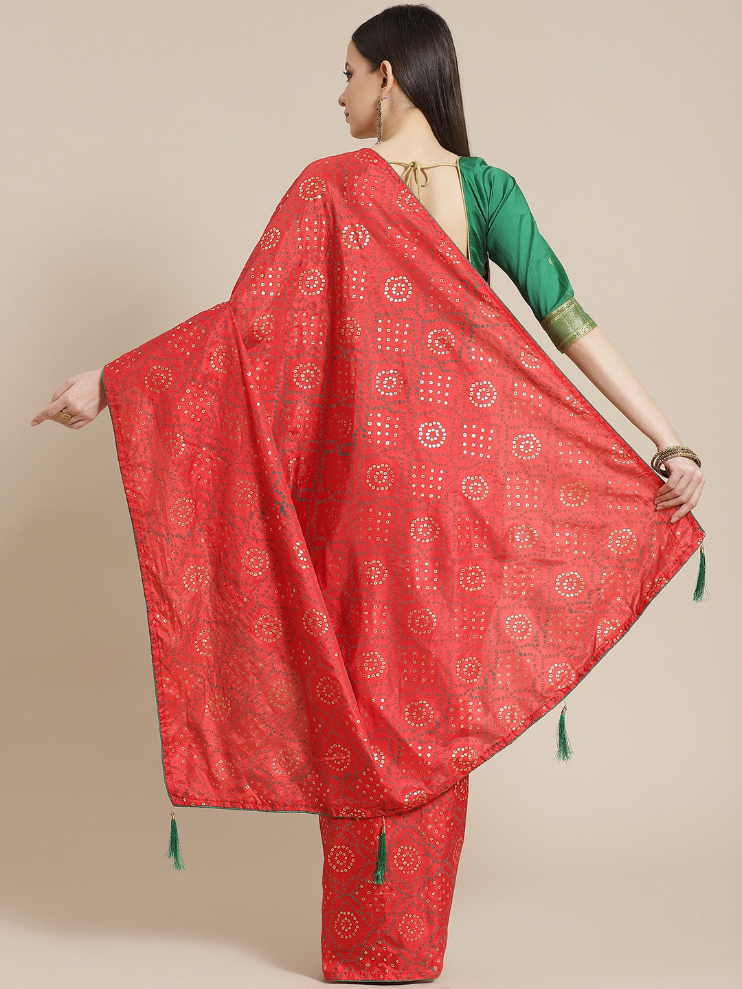 Red Silk Batik Bandhani Pattern Saree With Contrast Blouse & Tassels