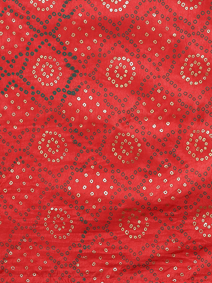 Red Silk Batik Bandhani Pattern Saree With Contrast Blouse & Tassels