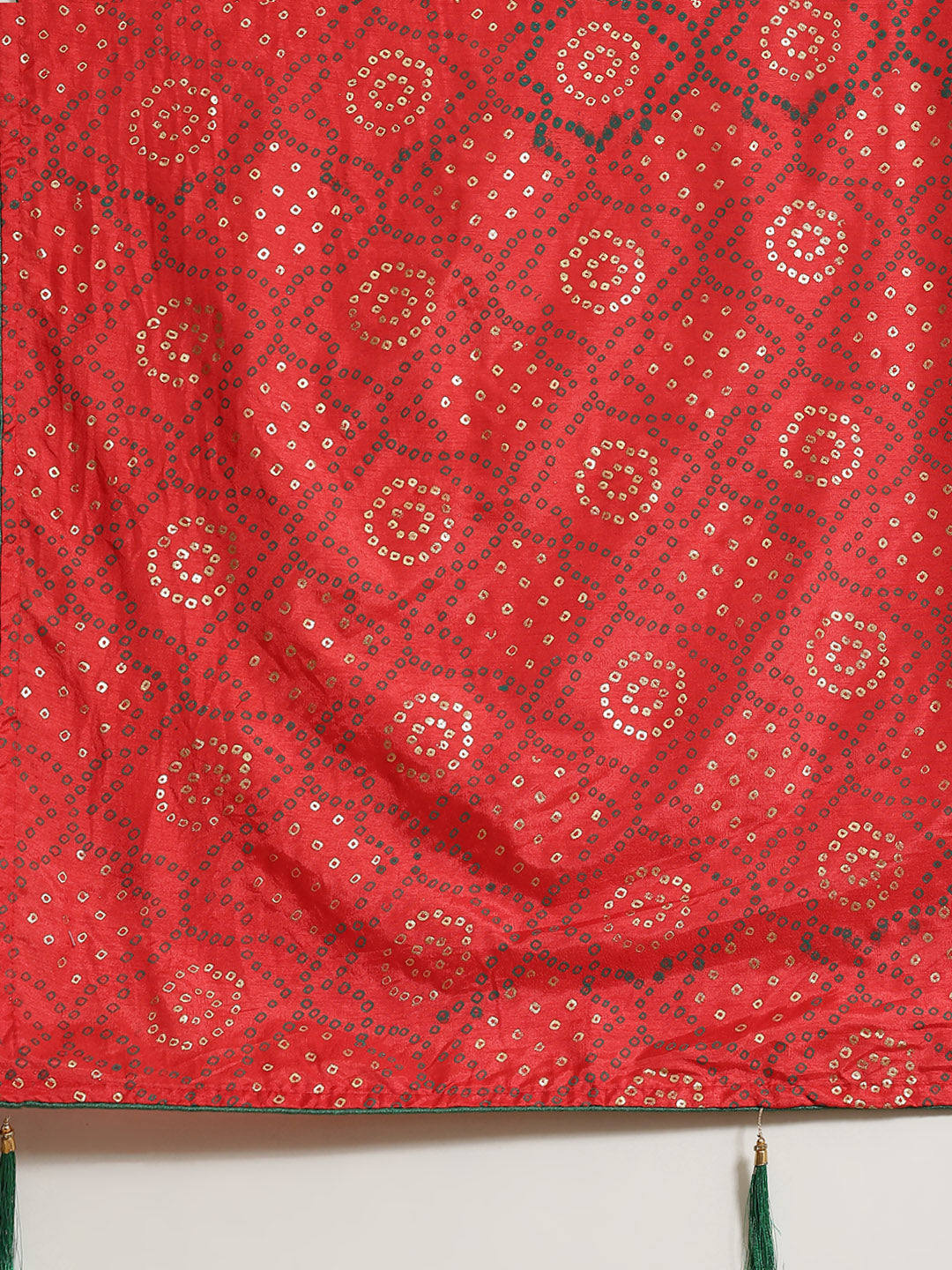 Red Silk Batik Bandhani Pattern Saree With Contrast Blouse & Tassels