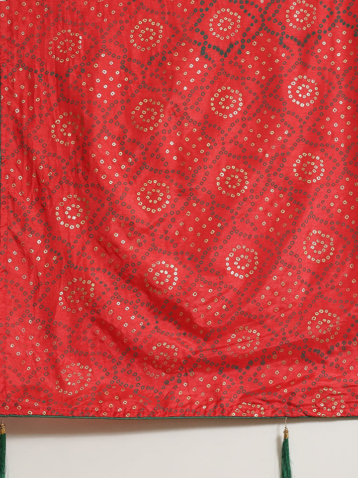 Red Silk Batik Bandhani Pattern Saree With Contrast Blouse & Tassels