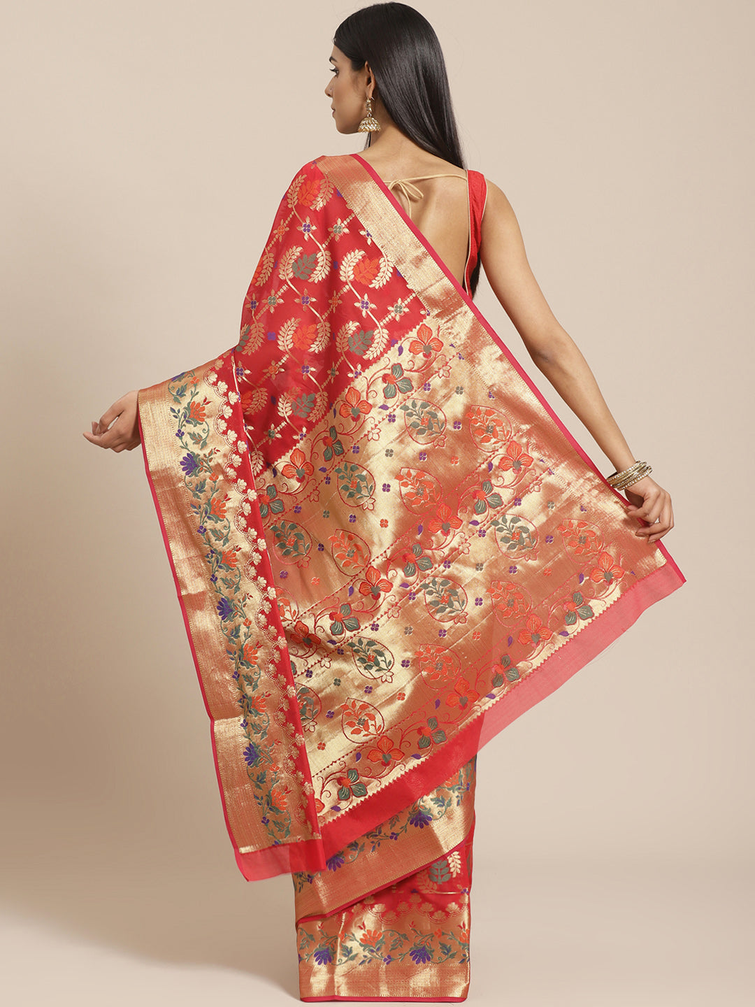 Banarasi Chanderi Saree with Gold Zari & Resham Artistic Motifs & Floral Woven border