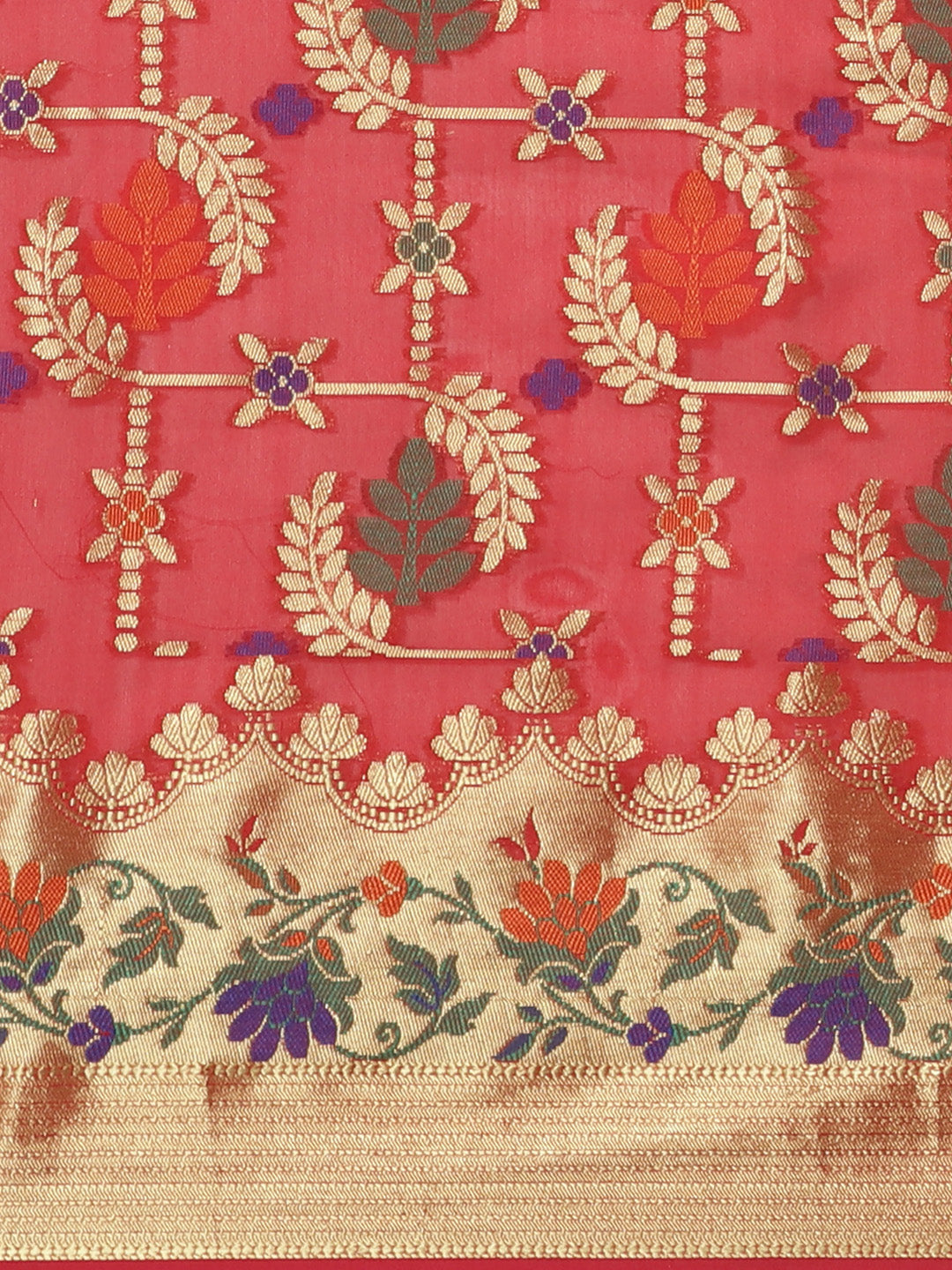 Banarasi Chanderi Saree with Gold Zari & Resham Artistic Motifs & Floral Woven border