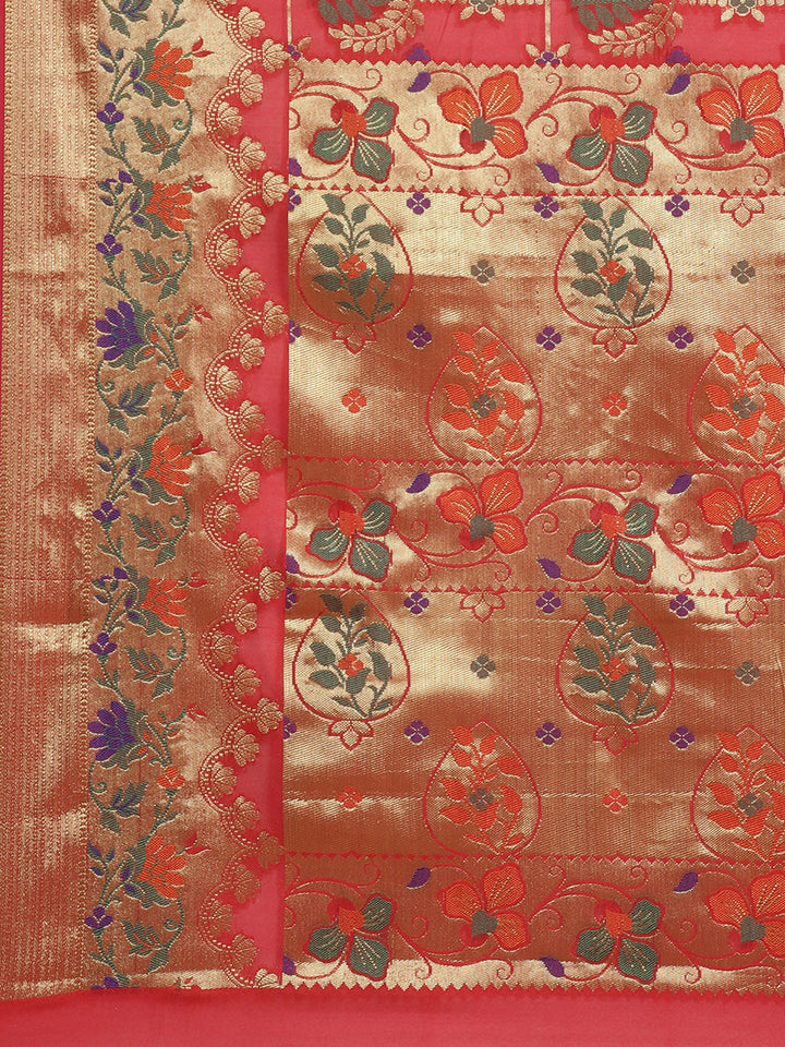 Banarasi Chanderi Saree with Gold Zari & Resham Artistic Motifs & Floral Woven border