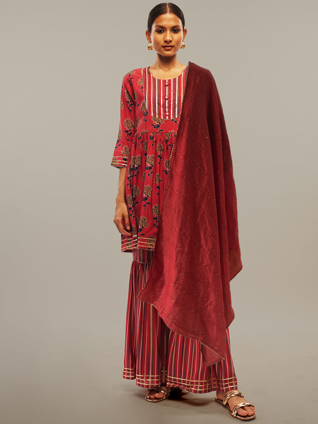 Pink Ethnic Motifs Flared Kurta Sharara Set with Gotta Patti Work