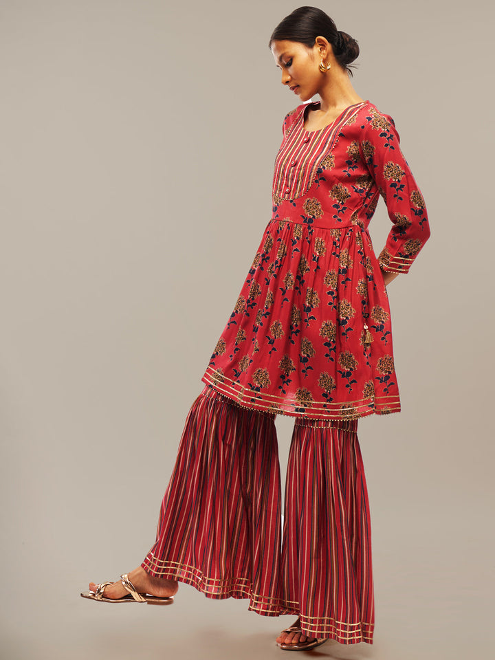 Pink Ethnic Motifs Flared Kurta Sharara Set with Gotta Patti Work