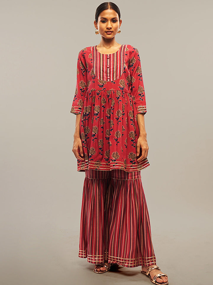 Pink Ethnic Motifs Flared Kurta Sharara Set with Gotta Patti Work
