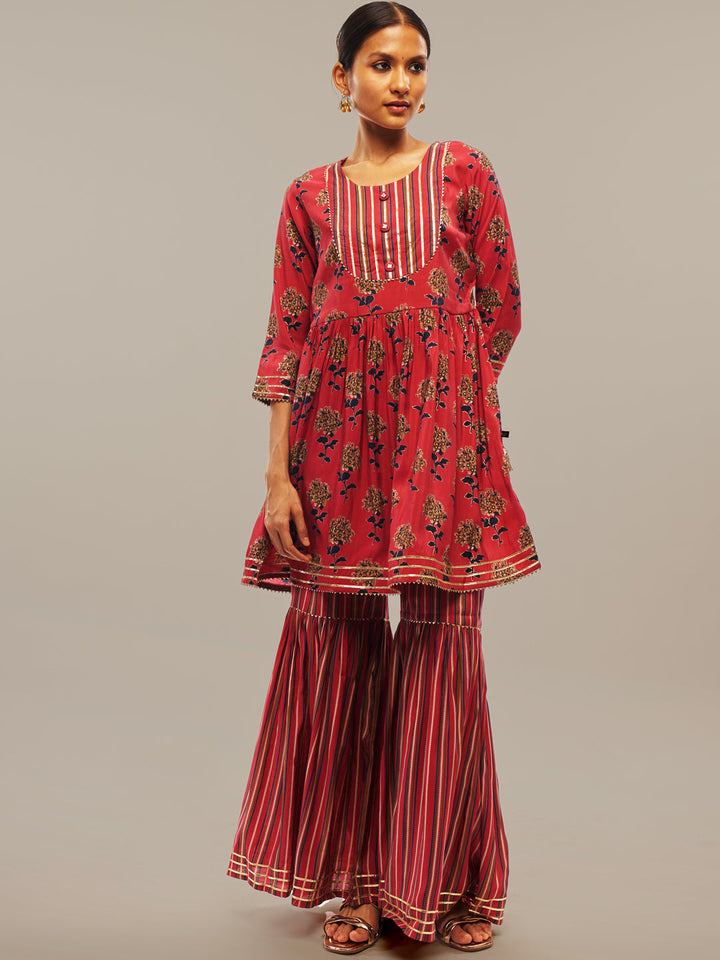 Pink Ethnic Motifs Flared Kurta Sharara Set with Gotta Patti Work