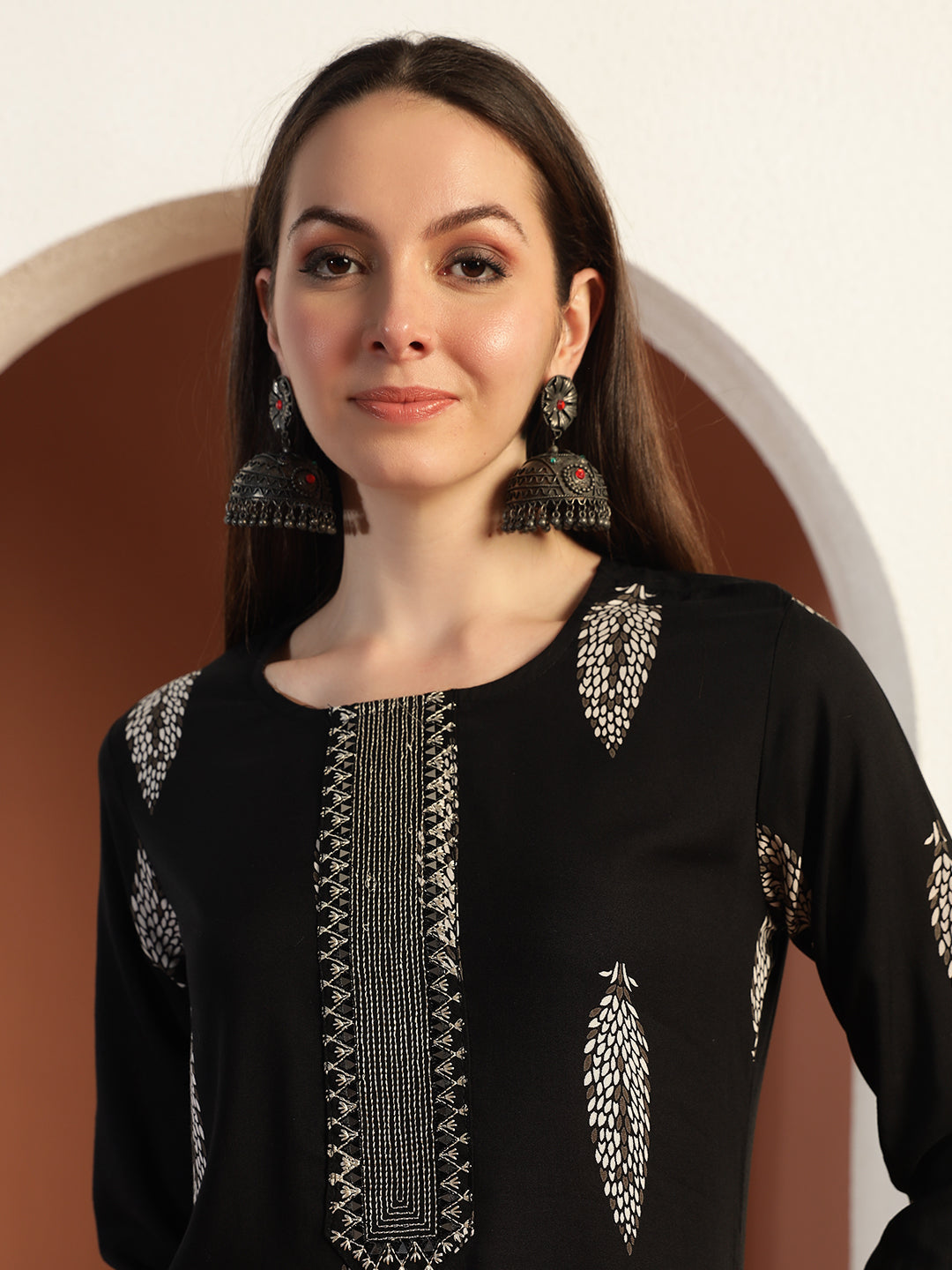 Mirror Embellished Placement Print Cotton Kurta Set with Bandhani Print Pants & Dupatta