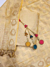 Chhabra 555 Banarasi Handloom Dress Material with Zari Weaving, Stylized Neckline & Jhallar Dupatta