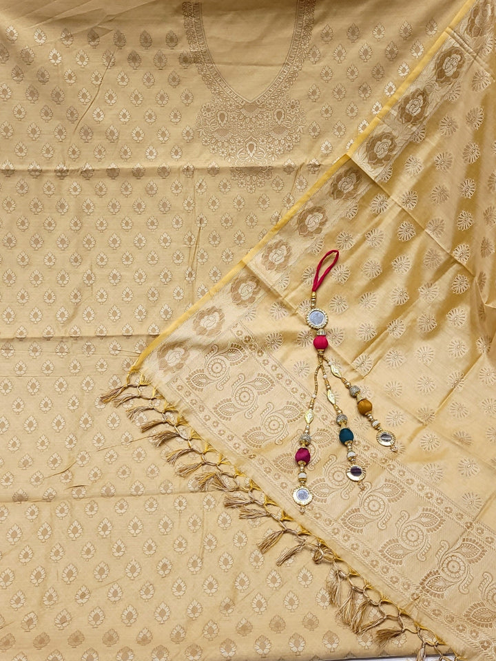 Banarasi Handloom Dress Material with Zari Weaving, Stylized Neckline & Jhallar Dupatta