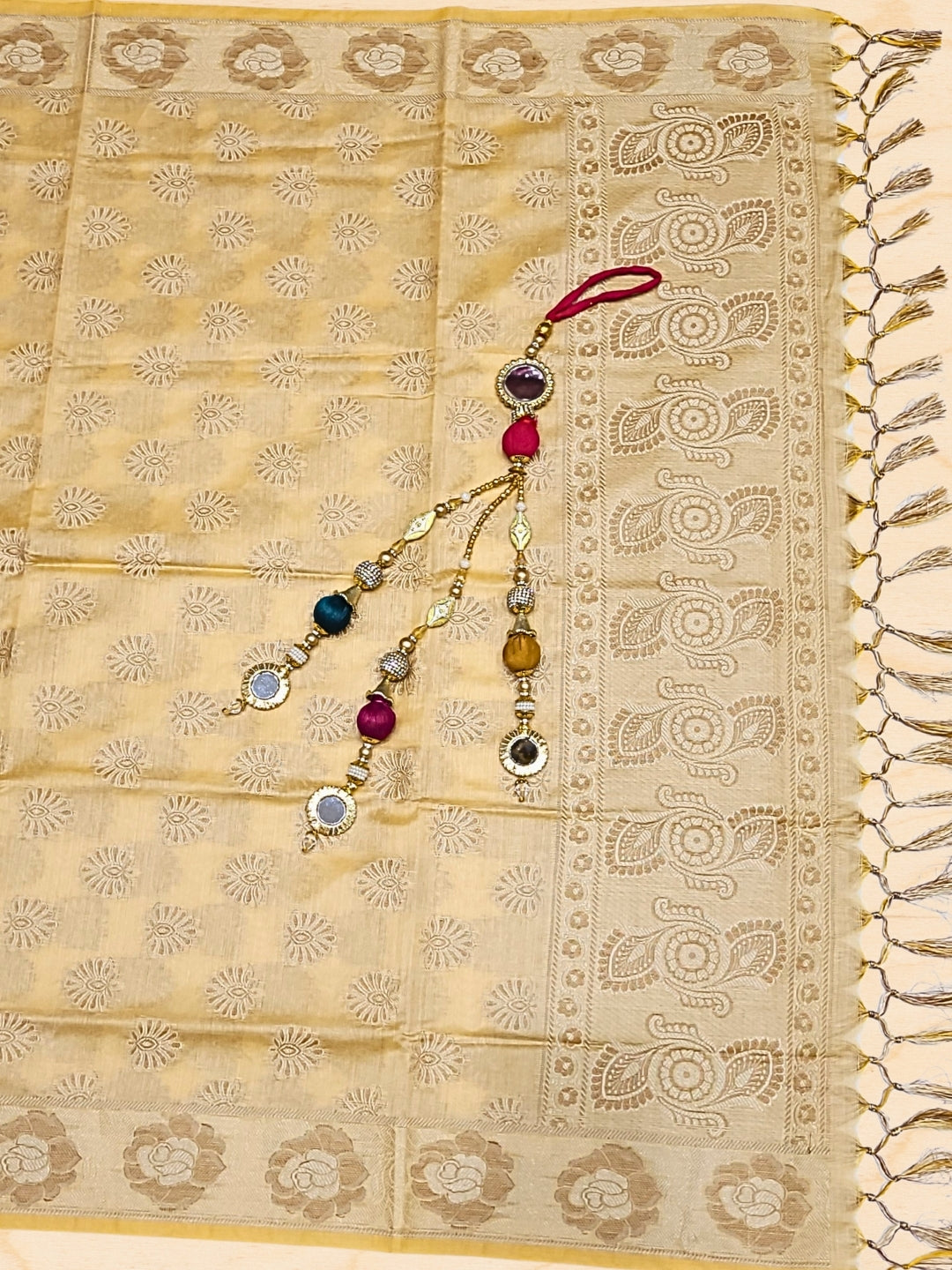 Banarasi Handloom Dress Material with Zari Weaving, Stylized Neckline & Jhallar Dupatta