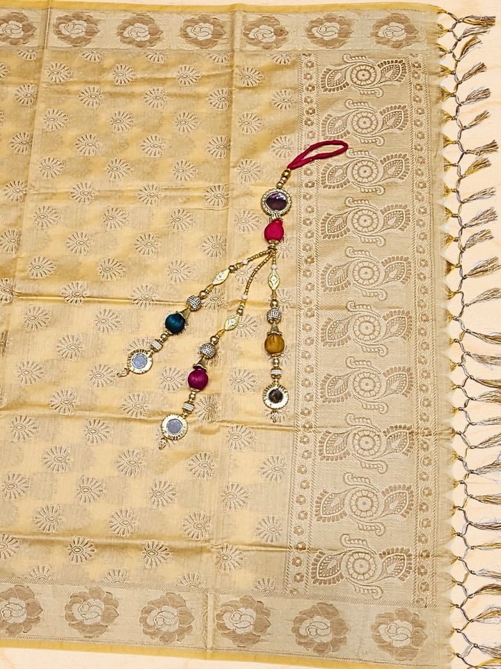 Banarasi Handloom Dress Material with Zari Weaving, Stylized Neckline & Jhallar Dupatta