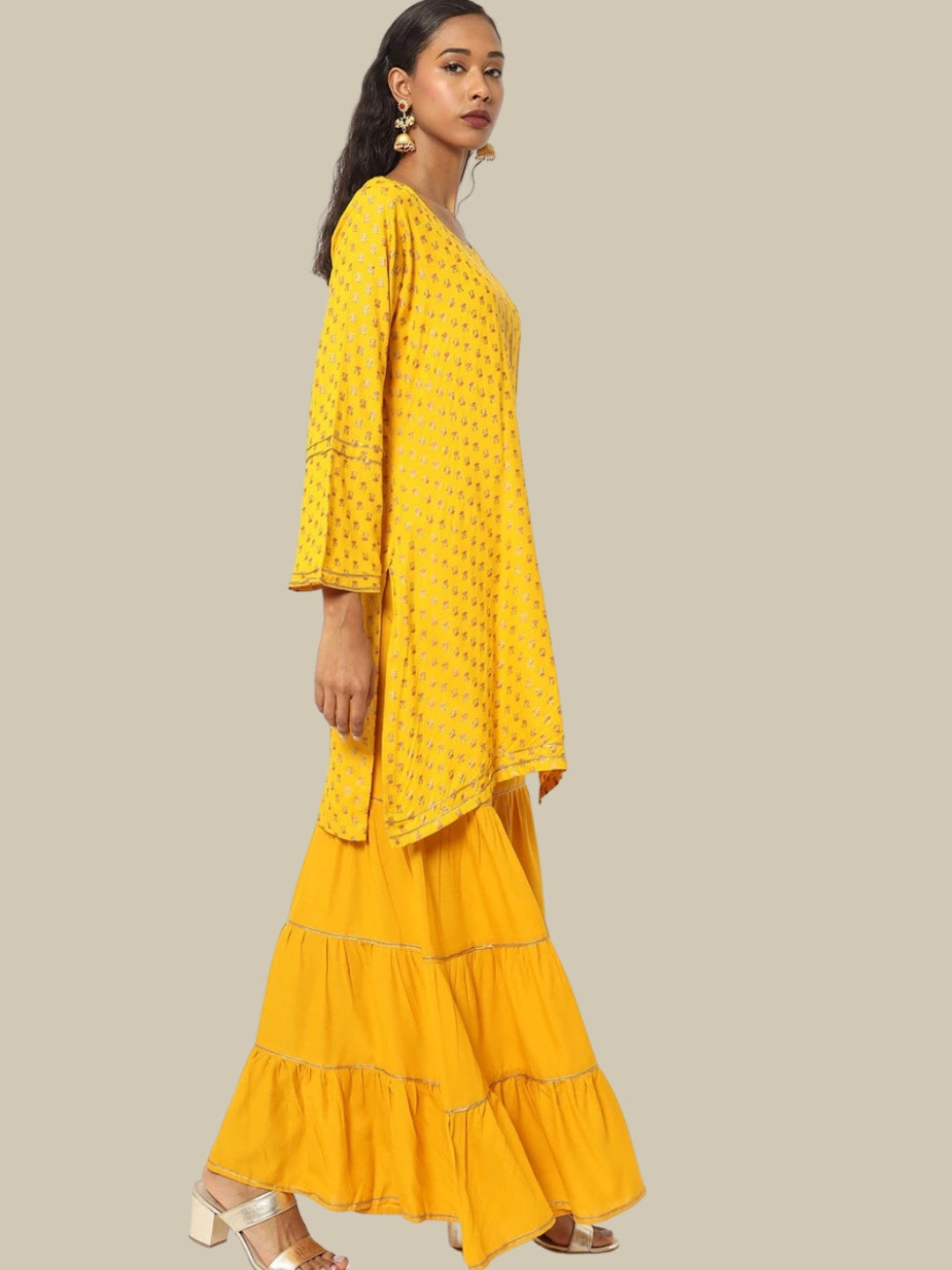 Mustard Yellow Foil Printed Kurta Sharara Set With Dupatta