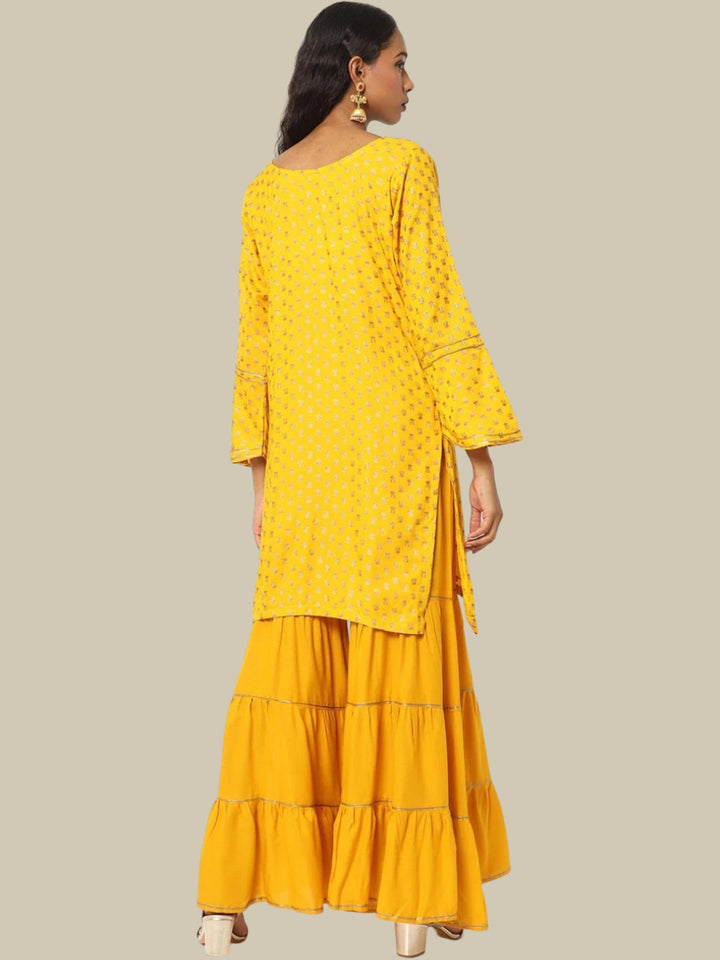 Mustard Yellow Foil Printed Kurta Sharara Set With Dupatta