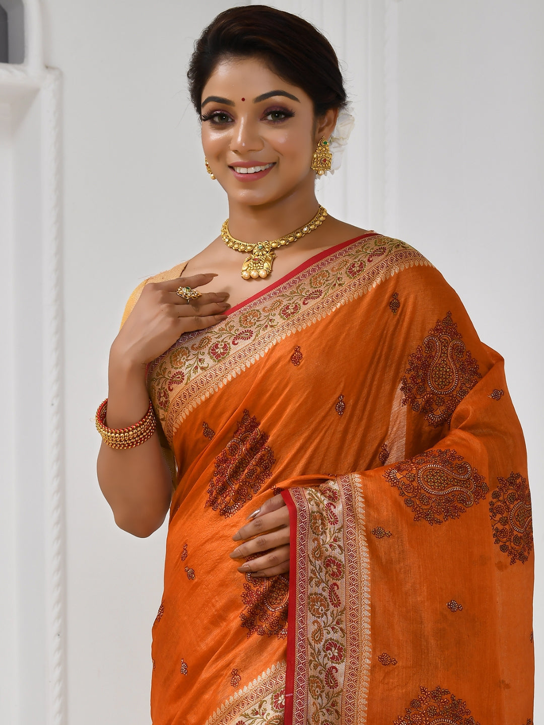 Mustard Resham Embroidered Embellished Silk Saree