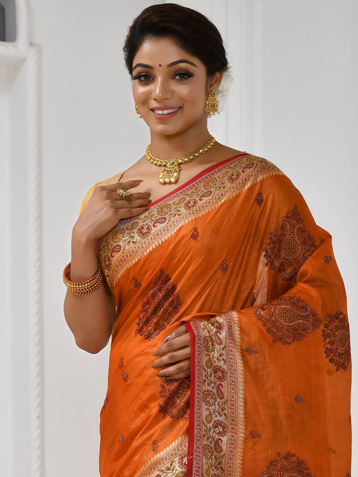 Mustard Resham Embroidered Embellished Silk Saree