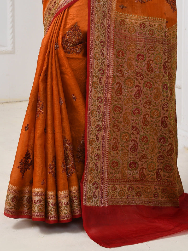 Mustard Resham Embroidered Embellished Silk Saree