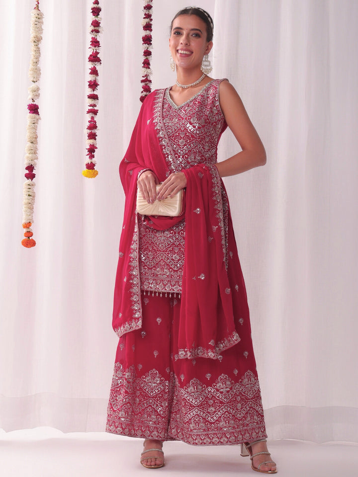 Zari & Sequin Embroidered Kurta Pallazo Set with Tasseled Hemline & Matching Dupatta