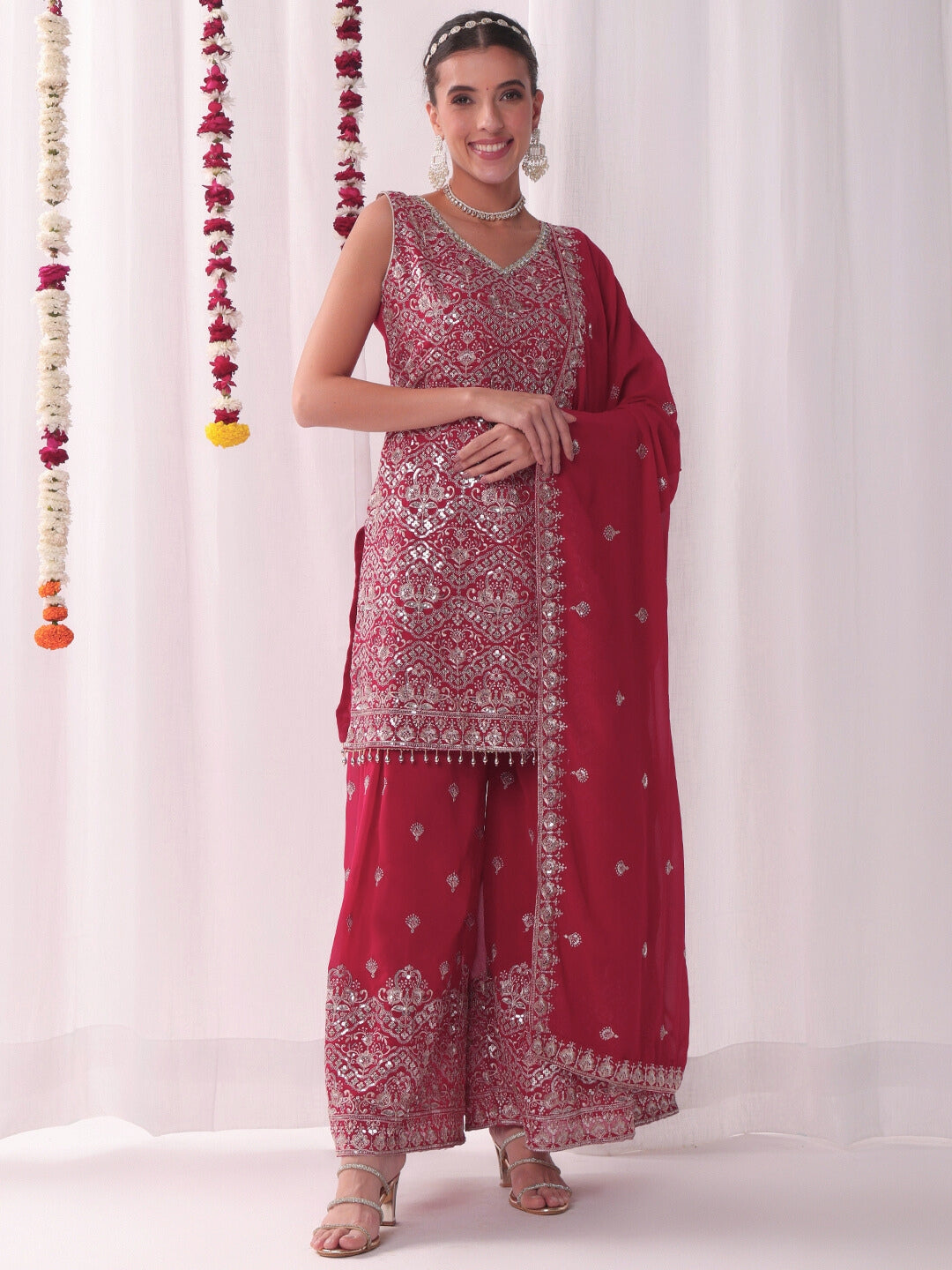 Zari & Sequin Embroidered Kurta Pallazo Set with Tasseled Hemline & Matching Dupatta