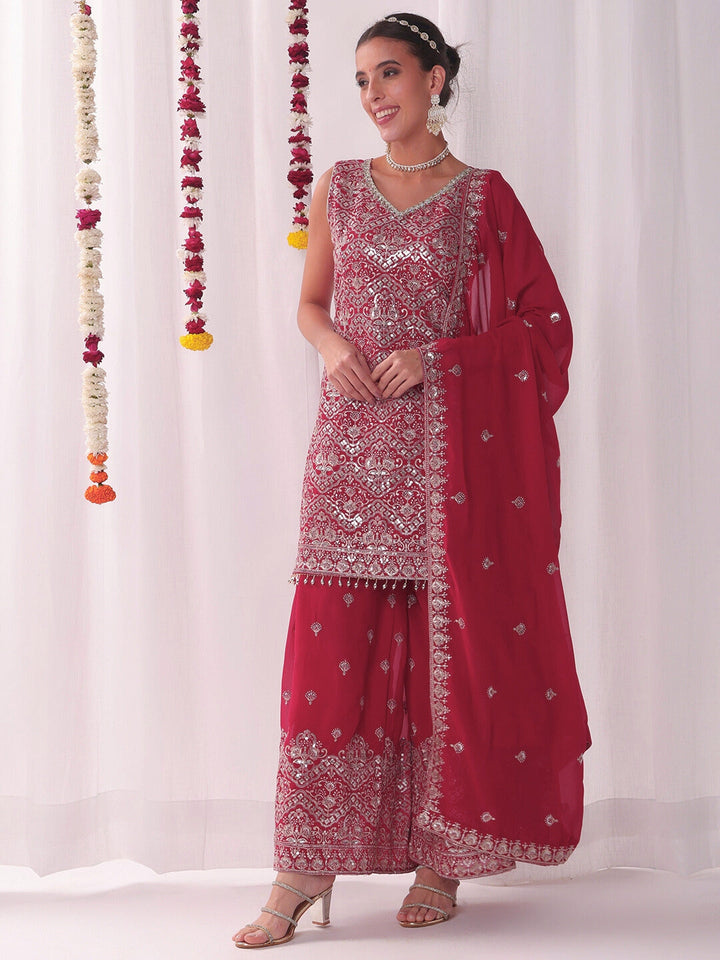 Zari & Sequin Embroidered Kurta Pallazo Set with Tasseled Hemline & Matching Dupatta