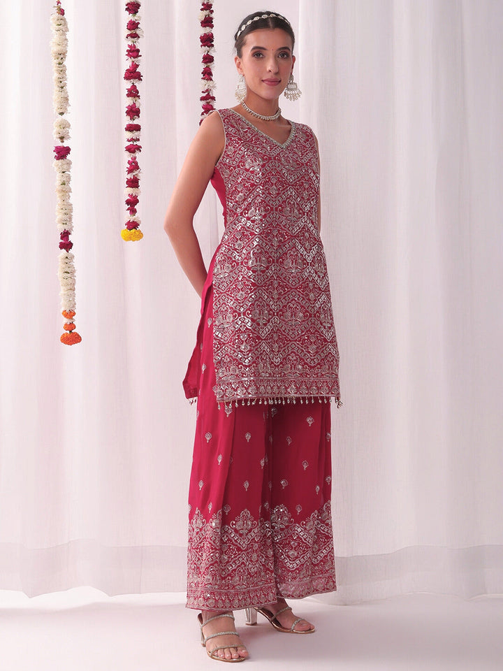 Zari & Sequin Embroidered Kurta Pallazo Set with Tasseled Hemline & Matching Dupatta