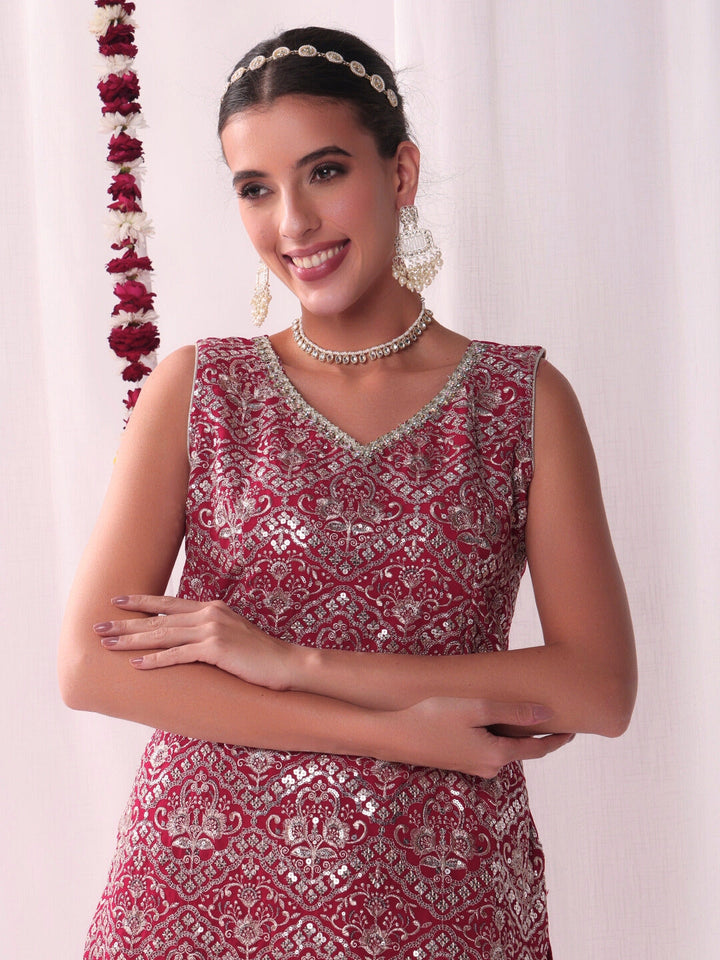 Zari & Sequin Embroidered Kurta Pallazo Set with Tasseled Hemline & Matching Dupatta