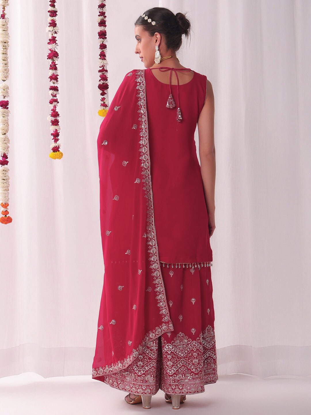 Zari & Sequin Embroidered Kurta Pallazo Set with Tasseled Hemline & Matching Dupatta