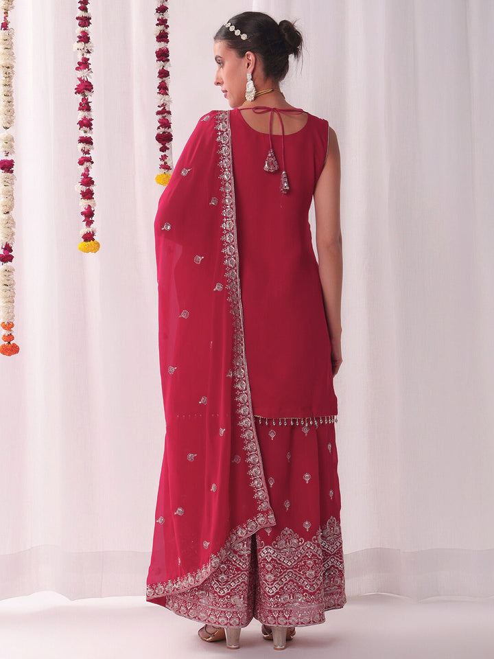 Zari & Sequin Embroidered Kurta Pallazo Set with Tasseled Hemline & Matching Dupatta