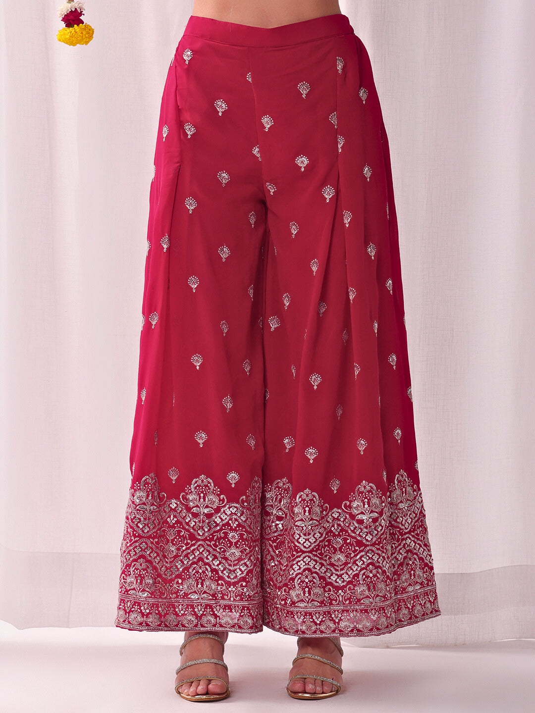 Zari & Sequin Embroidered Kurta Pallazo Set with Tasseled Hemline & Matching Dupatta