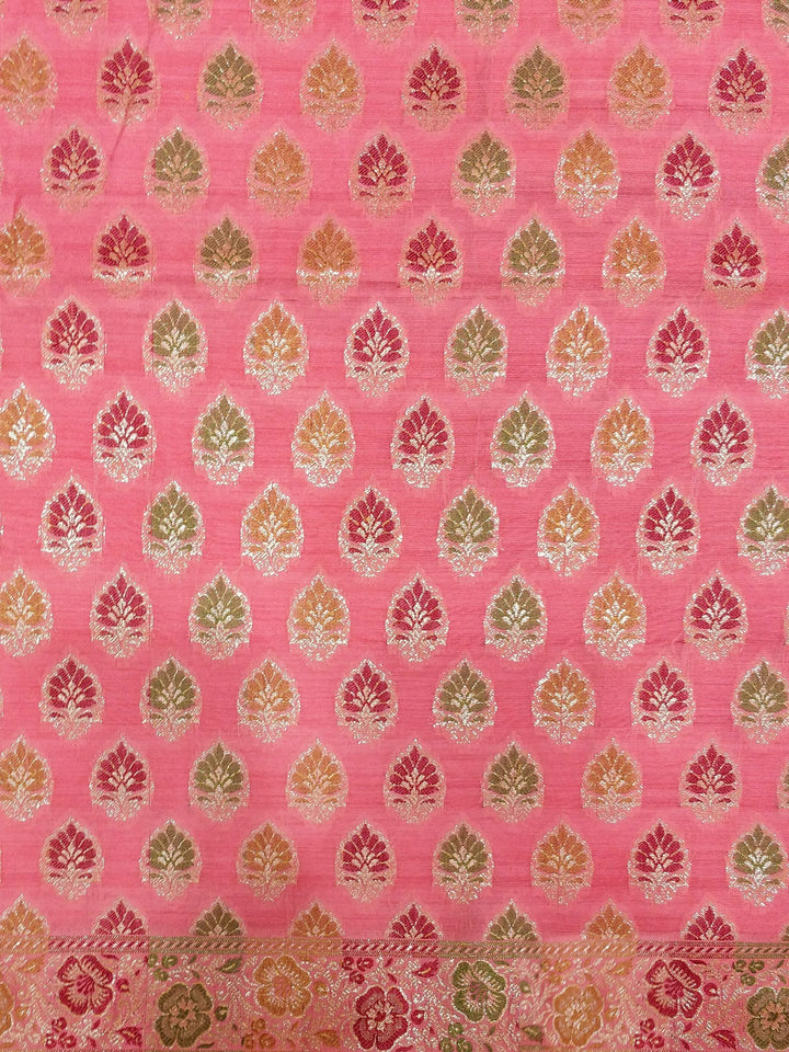Pink Chanderi Neemzari Unstitched Material With Zari Resham Weaving