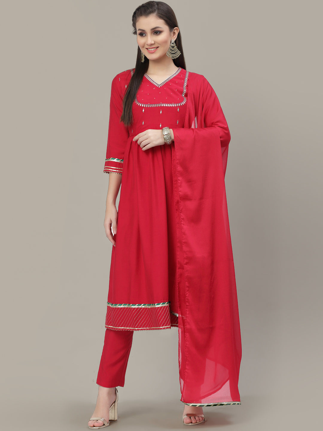 Magenta Zari Yoke work Anarkali Pant Set with Gotta Patti Border