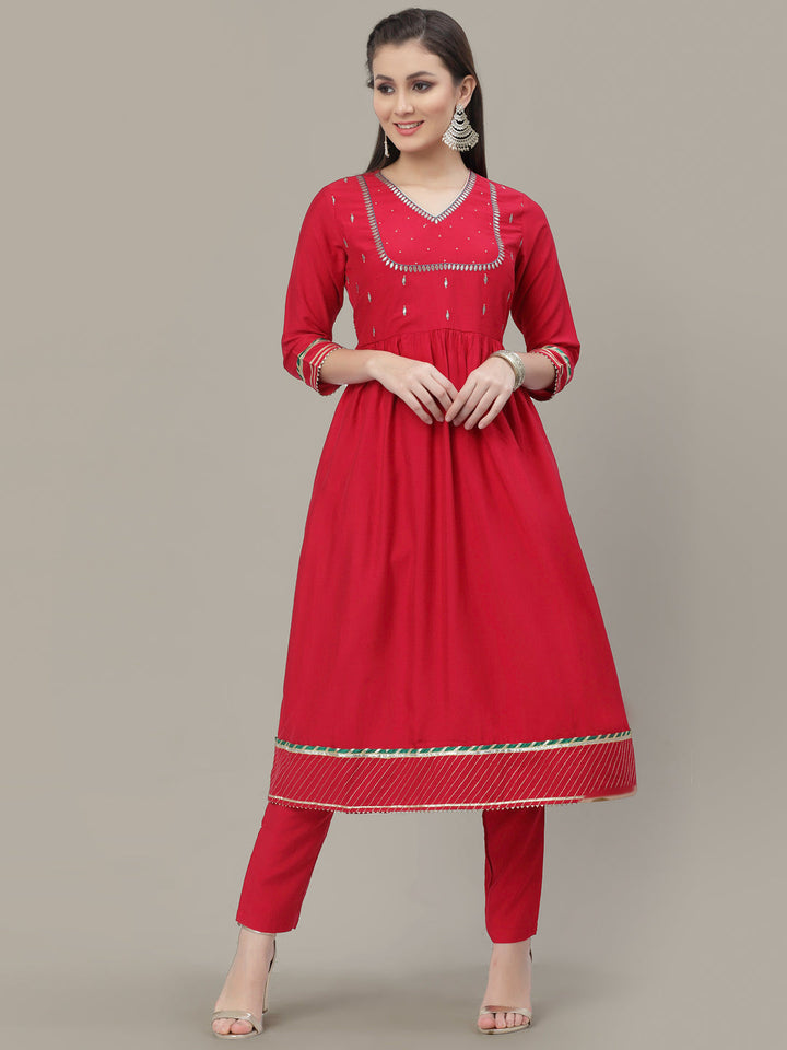 Magenta Zari Yoke work Anarkali Pant Set with Gotta Patti Border