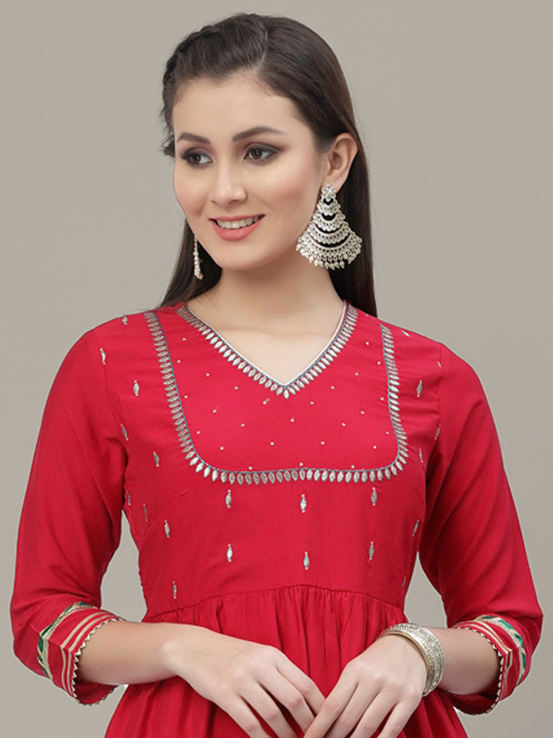 Magenta Zari Yoke work Anarkali Pant Set with Gotta Patti Border
