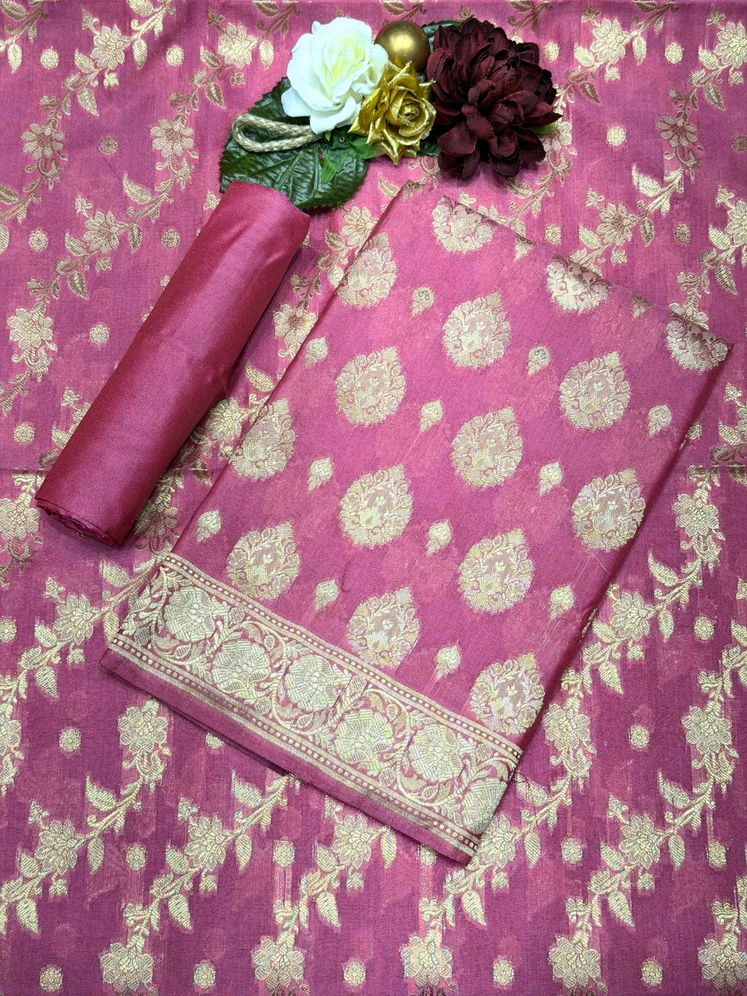 Resham Woven Banarasi Silk Salwar Suit Material with Floral Leheriya Pattern