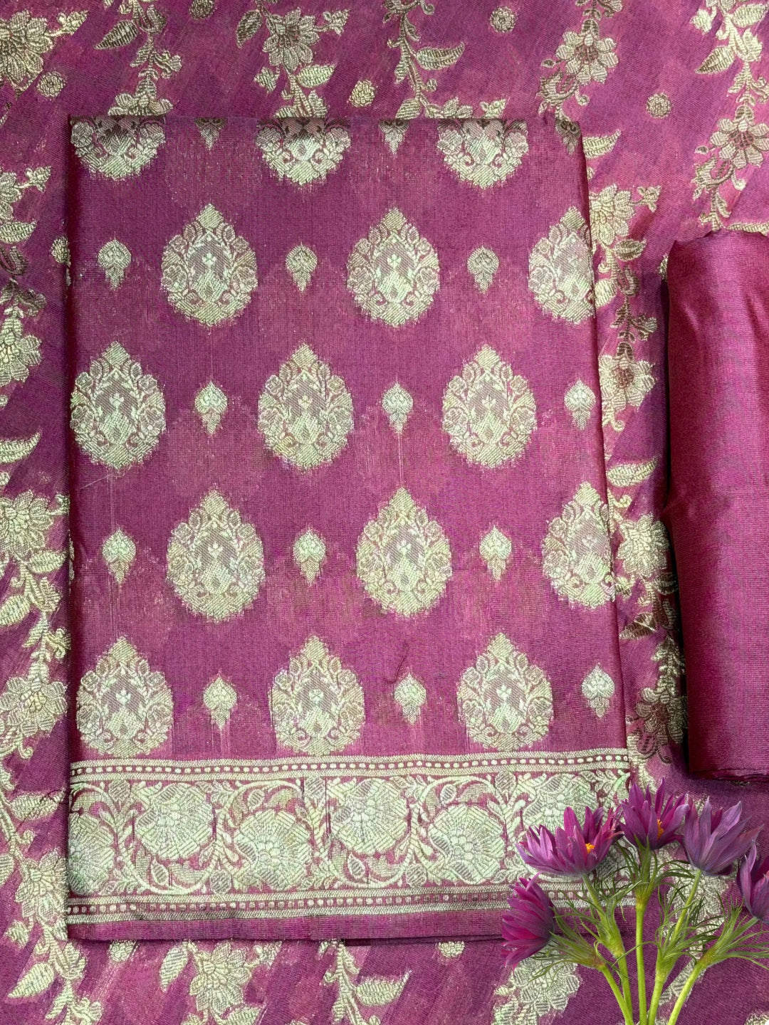 Resham Woven Banarasi Silk Salwar Suit Material with Floral Leheriya Pattern