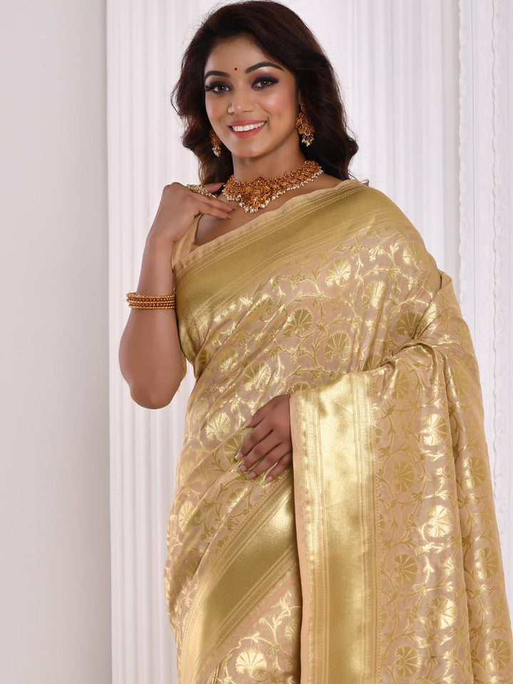 Cream Banarasi Silk Brocade Golden Zari Woven Embellished Saree